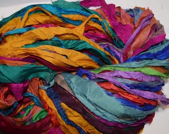 10 yards Bright multi Recycled Sari Silk Ribbon Yarn, Upcycled, Bulky, Crochet, Knit, Jewelry, Craft, Weave, Silk Ribbon