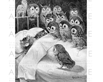 Stunning Louis Wain Cat Illustration Cats Nightmare Owls Stare Cute Rare Black and White Image Digital Download A4 Printable Wall Decor