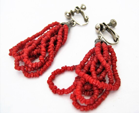 Red Coral Bead Earrings, Boho Style, Glass Beads 5 Loops, Clip On Earrings