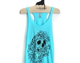 M,L Tri-Blend Cyan Blue Racerback Tank with Sugar Skull Screen Print