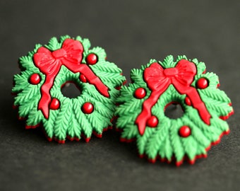 Christmas Wreath Earrings. Holiday Earrings. Red and Green Earrings. Christmas Earrings. Bronze Post Earrings. Christmas Jewelry.