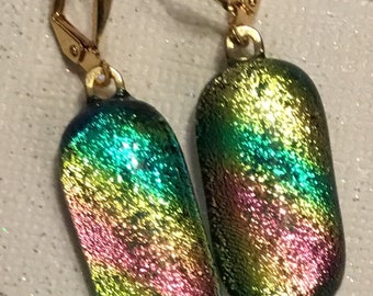 Dichroic Glass Earrings, Gold Plated leverback earrings
