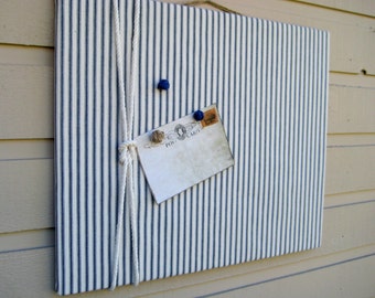 Linen Ticking Pin Board, Photo Bulletin Board with cotton rope detailing made with classic nautical blue and tan ticking linen cabin decor