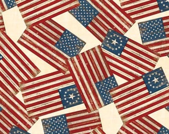 By The HALF YARD - Colors of Freedom by Jennifer Pugh for Wilmington Prints, #82465-134 Ivory Flags All over, Tossed United States Flag