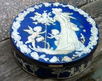 Vintage Tin Wedgewood Inspired Cherub Pattern Biscuit Tin Blue and White LARGE Round Tin Metal Tin Storage Container England App 9 Inch Diam