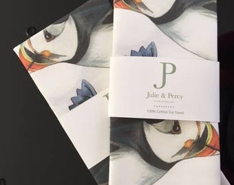 Four Flying Puffins Tea Towel