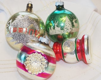 4 Vintage Glass Christmas Ornaments: Lantern Indent Painted Mica Stripes Shiny Brite
