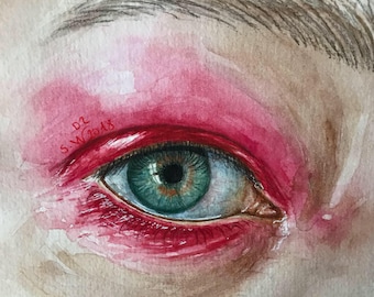 Eye watercolor painting,watercolor eye painting,eye art,original art,pink make up