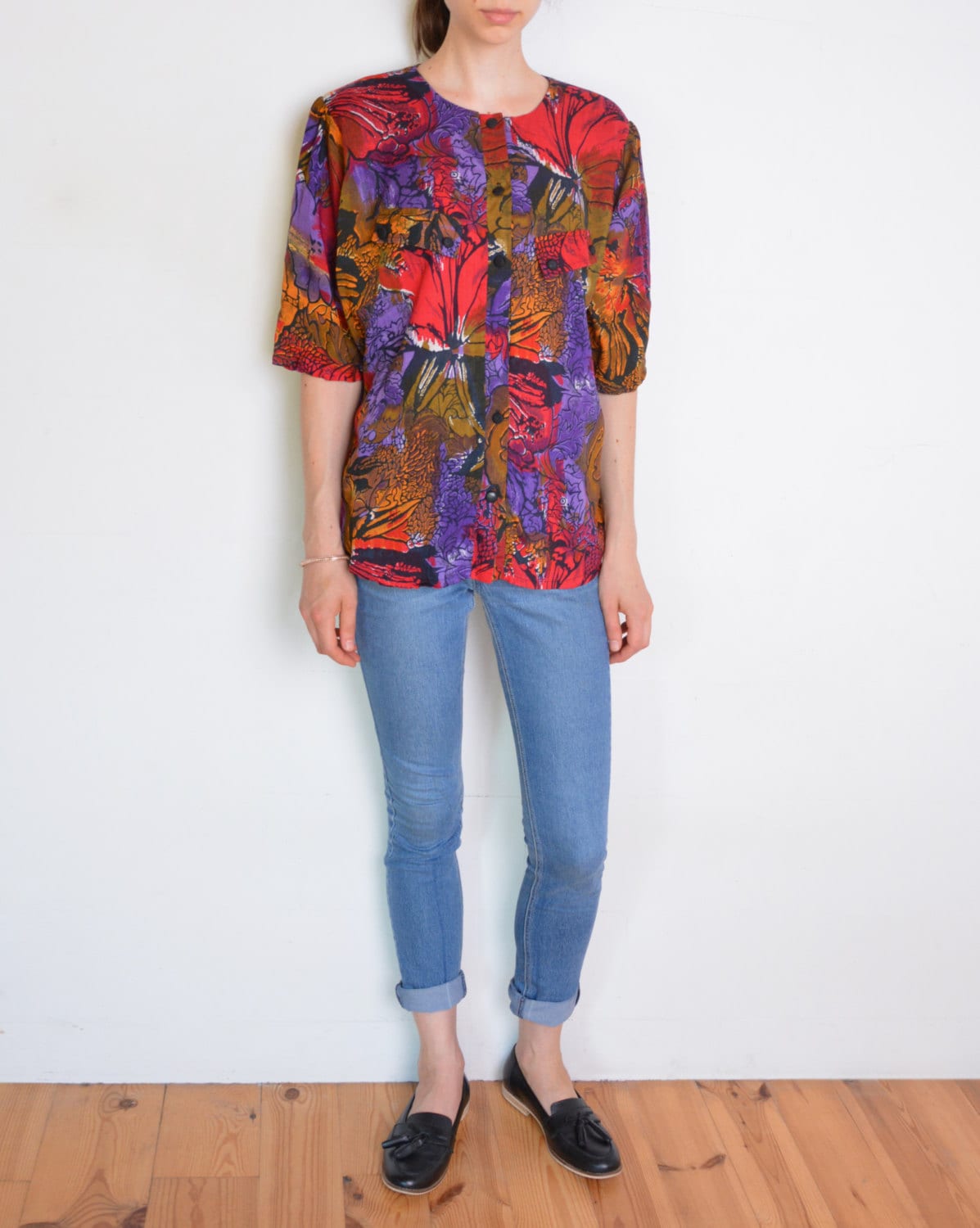 80s Floral Print Blouse Batik Style Print Short Sleeve