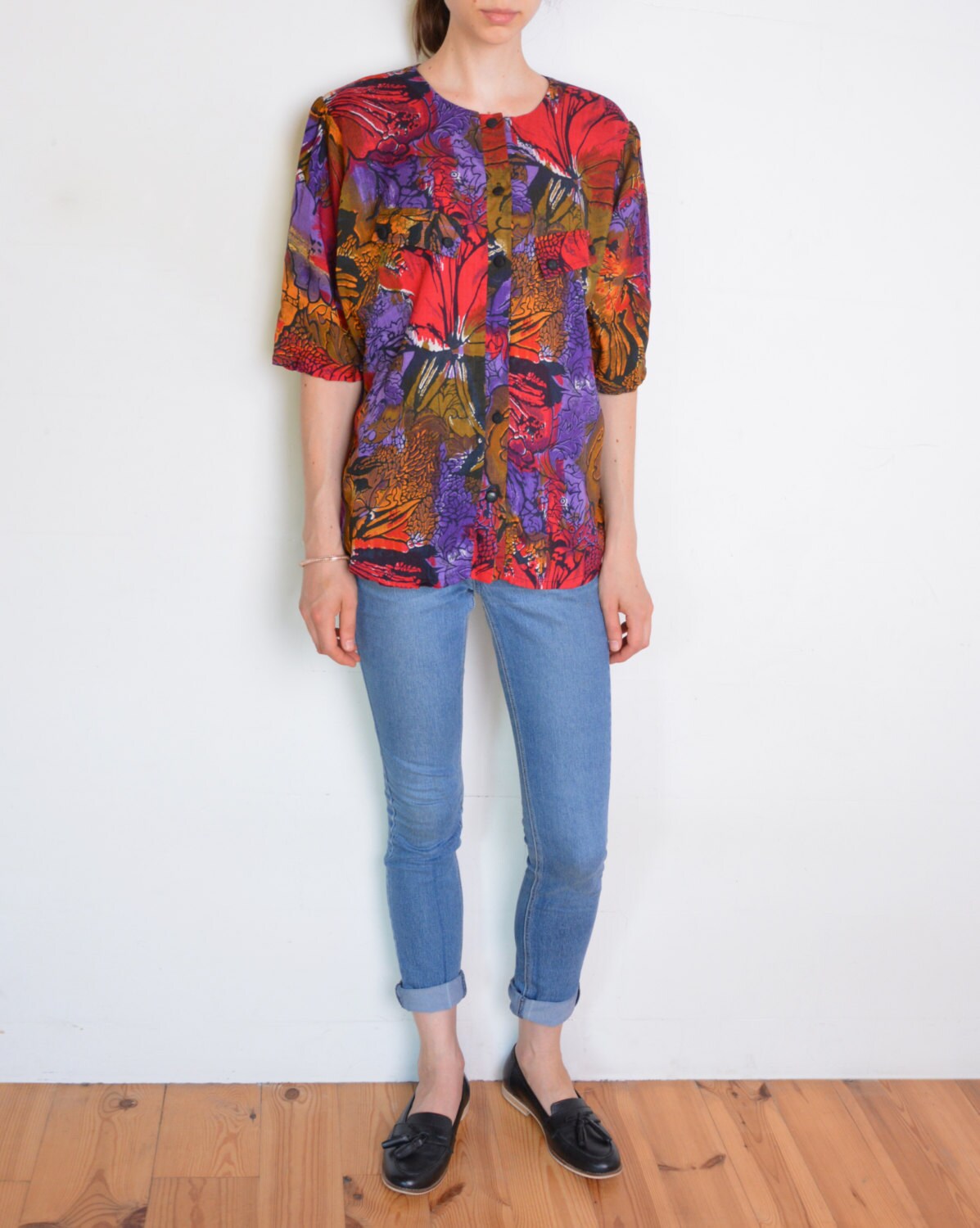 80s Floral Print Blouse Batik Style Print Short Sleeve 80s Floral Print Blouse Batik Style Print Short Sleeve