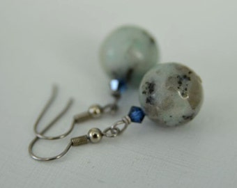 Mint Green Sesame Jasper Earrings with Blue Crystals