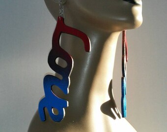 Wooden Love Earrings Embellished with Beautiful Multiple Colors, Long Earrings, Handmade Earrings, Large Earrings, Womens Earrings