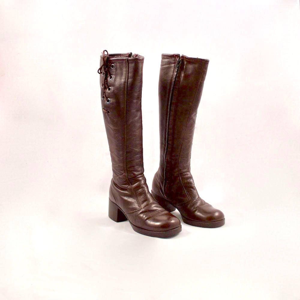 60s leather knee high boots / lace up boots / retro boots