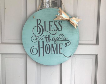 Bless This Home Front Door Wreath Alternative-Round Door Hanger-Front Door Decor-Farmhouse Style-Rustic-Welcome Sign-Welcome Door Wreath