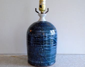 blue pottery lamp, vintage hand thrown pottery lamp, terra cotta lamp, bohemian decor, artisan handmade lamp, dh mark, simple rustic modern