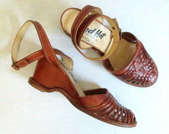 1970s Wedge Ankle Strap Huaraches Shoes Size 6.5 // Red Hot Made in Brazil