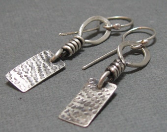 Rustic hand forged oxidized sterling silver boho dangle earrings, brushed silver patterned drop earrings