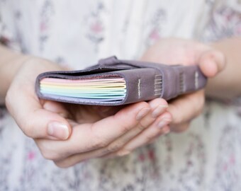 Rainbow Leather Wrap Journal - A7 Handbound Leather Blank Book - 4 x 3 - Custom - Pastel Multi Colour Pages