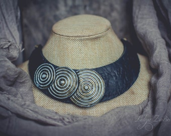 Statement necklace, Bib necklace, elegant necklace, leather imitation necklace ,blue black necklace, polymer clay necklace, patina brass