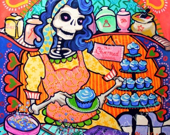 Day of the Dead Art Print Kitchen Catrina Orange Blue Dia de los Muertos Mexican Folk Art Kitchen Decor. Rockabilly Pin Up Bakery Wall Art.