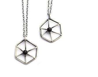 Sterling Silver Necklace, Onyx Necklace, Spider Web Pendant, Oxidized Silver Geometric Jewelry, Contemporary Jewelry, Halloween Necklace
