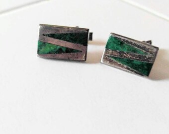 SALE UNPOLISHED Signed Enrique Ledesma 925 Sterling Silver Malachite Cufflinks-Cuff Links-Taxco-Green-Art Deco-All Orders Only 99c Shipping!