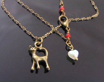Cat Necklace, Cat Lover Gift, Cat Charm Necklace, Charm Jewelry, Handmade Necklace, Handmade Jewelry, Bronze Necklace, N2048