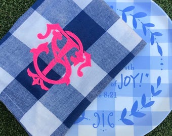 Blue Buffalo check monogram tea towel