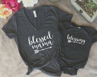 Blessed Mama and Blessing matching mama and baby t shirts, baby shower, mothers day, birthday, gift, mommy and me matching