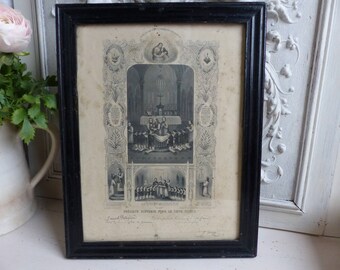 Antique french black and white lithograph first communion certificate. Dated May 1906. Jeanne d'Arc living. French Nordic. Christian decor