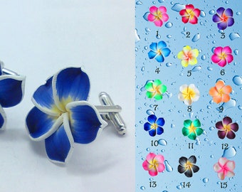 Cuff links color Royal Blue plumeria flower