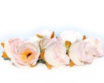 10 Small Cream Pink Tea Roses - Artificial Flowers, Silk Roses