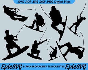 8 Wakeboarding Silhouettes | .SVG .PDF .EPS .dxf .png | Wakeboard Vector Graphic Silhouette Cameo Cricut Clipart