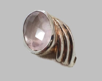 Rose Quartz Ring, Pink Stone, Sterling Silver, Vintage Ring, Faceted Gemstone, Size 9 1/2, Big Statement, Large Stone, Boho Bohemian, 925