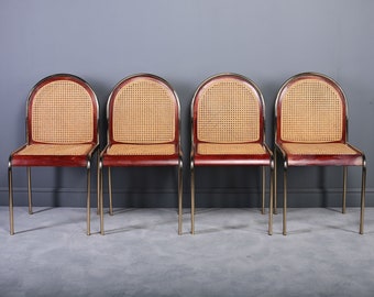 Set of 4 Italian Brass & Cane Chairs,1970s
