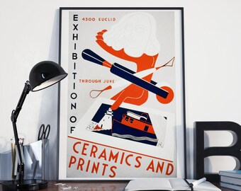 Vintage ART EXHIBITION POSTER, Cubism Style - Ceramics & Prints Art Show: 24x36 Vintage Art Print Reproduction