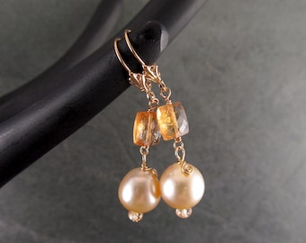 Imperial topaz & South Sea pearl earrings, handmade solid 14k gold earrings-OOAK June and November birthstone jewelry