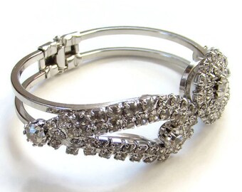 Clear Rhinestone Clamper Bracelet Silver Tone Gorgeous High Quality Vintage