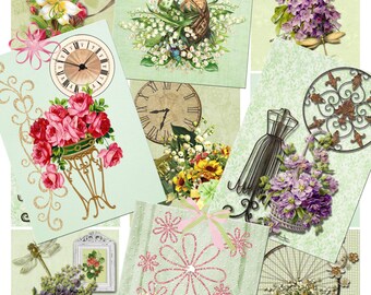 Instant Download - Vintage Floral Digital Collage Sheet. Nine 2.5 x 3.5" Images 300 dpi Clipart, Graphics, Images Personal & Commercial Use