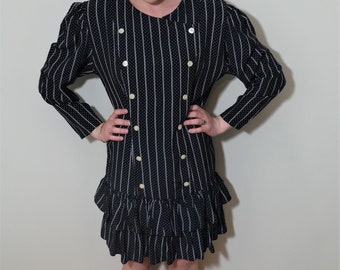 80s Vintage Black and White Striped Dress, Oversized Dress, Double Breasted Pearl Buttons, Size M/L, Spring Dress