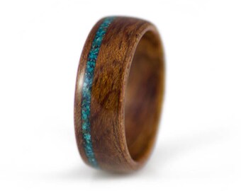 Bubinga Wood Ring With Chrysocolla Stone Inlay. Wood Wedding Ring, Mens Wood Ring, Womens Wood Ring, Wood Engagement Ring, Bent Wood Rings,