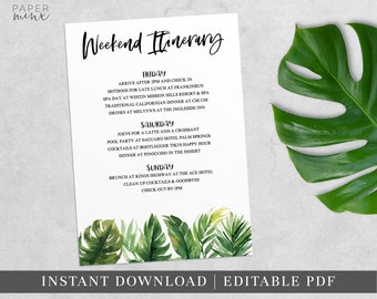 Printable Tropical Weekend Itinerary | Itinerary Template | Editable | Hens Weekend | Hens Party | Bachelorette | Birthday | Tropical Palm