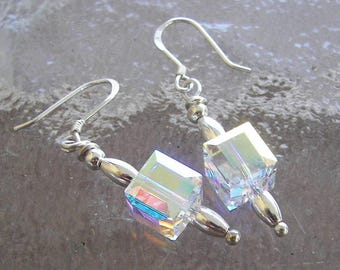 Swarovski Clear Crystal Cube Earrings, Ice Cube Earrings, Dangling Cube Earrings, Minimalist Jewelry, Gift Under 15, Stocking Stuffer