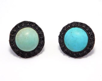 Old Chinese Turquoise Filigree Earrings Leverbacks