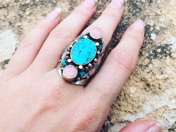 STATEMENT TURQUOISE RING - Vintage ring - Adjustable ring - Crystal Ring - Antique style - Handmade - Moroccan - Coral - Turquoise - Gift