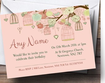 Vintage Shabby Chic Birdcage Coral Personalised Birthday Party Invitations