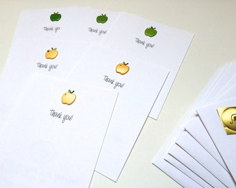 Set of 6 Flat Teacher Apple Thank You Cards, yellow and green made on recycled paper, come with envelopes and seal