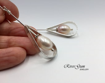 Lustrous Pale Pink Pearl Earrings, Long Silver Teardrop Earrings, Freshwater Pearl Earrings, Handmade by RiverGum Jewellery
