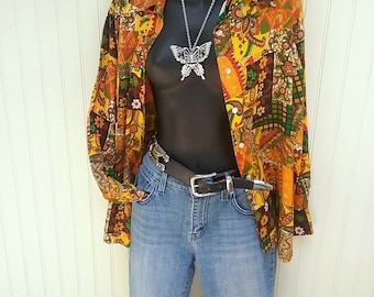 Vintage 70s blouse, groovy shirt, vintage, 70s top, long sleeve blouse, pointed collar, psychedelic shirt, S/M, Joyce Lane