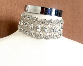 Thick Silver Crystal Choker, Silver Rhinestone Necklace, Choker Jewelry